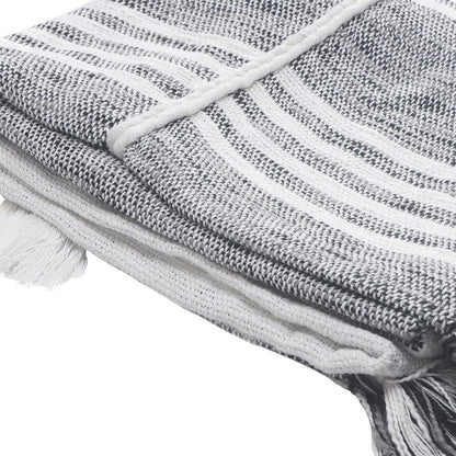 50" X 60" Gray and White Kantha Cotton Striped Throw Blanket with Embroidery HomeRoots