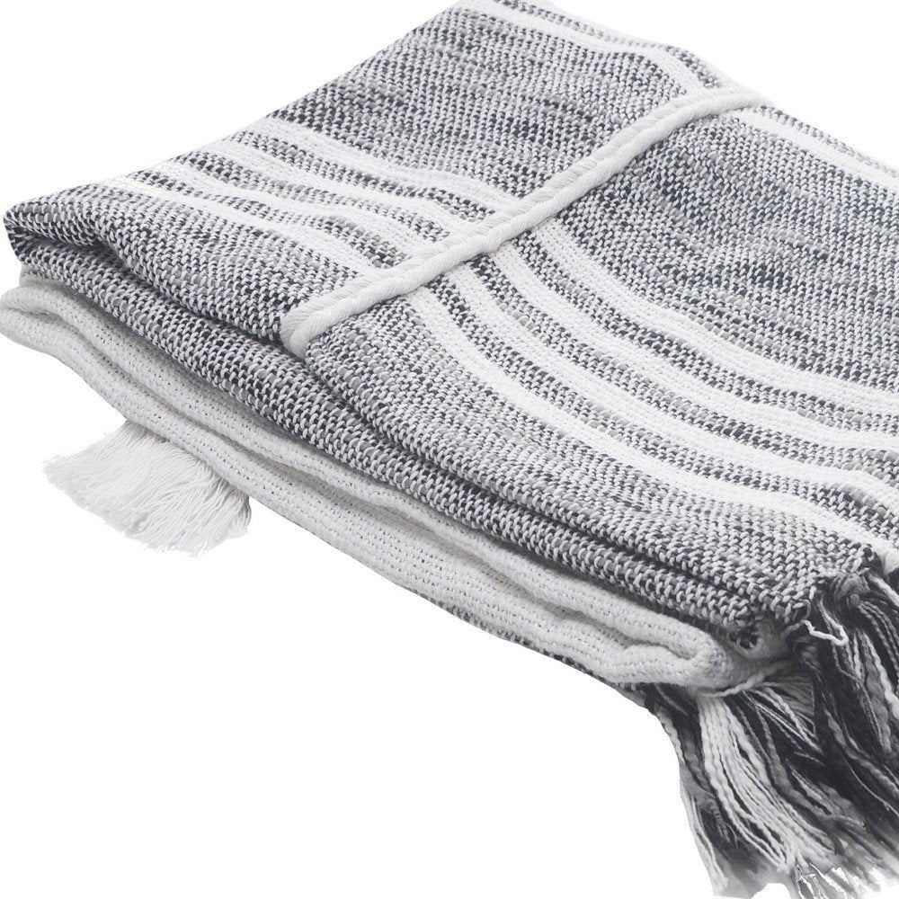 50" X 60" Gray and White Kantha Cotton Striped Throw Blanket with Embroidery — view 9