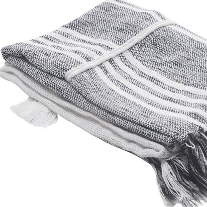 50" X 60" Gray and White Kantha Cotton Striped Throw Blanket with Embroidery HomeRoots