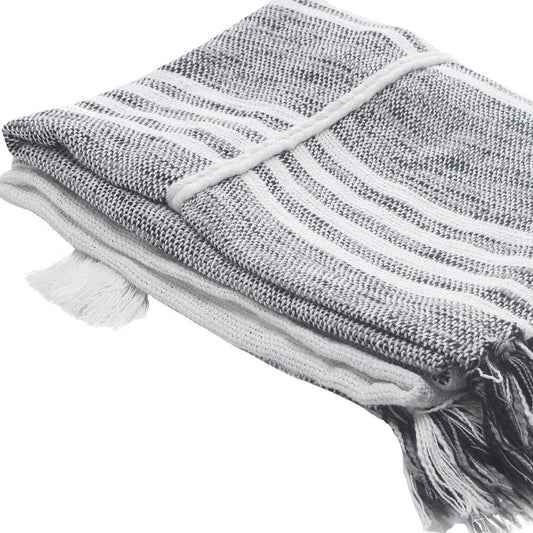 50" X 60" Gray and White Kantha Cotton Striped Throw Blanket with Embroidery HomeRoots