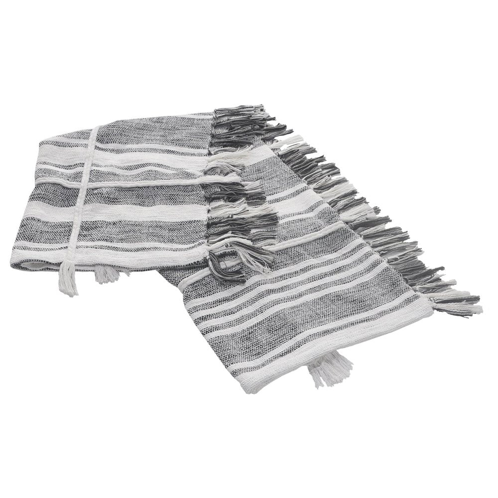 50" X 60" Gray and White Kantha Cotton Striped Throw Blanket with Embroidery — view 9