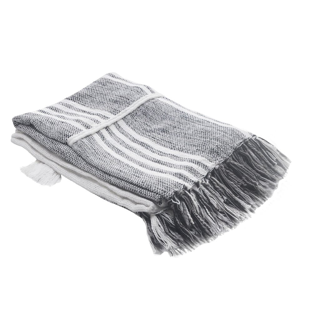 50" X 60" Gray and White Kantha Cotton Striped Throw Blanket with Embroidery — view 1
