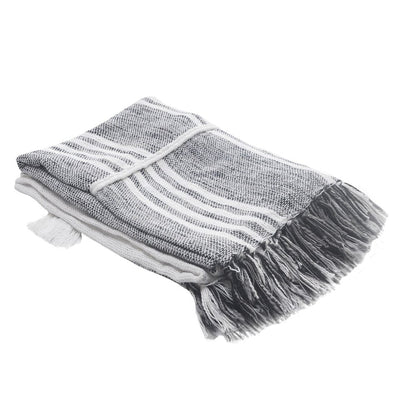 50" X 60" Gray and White Kantha Cotton Striped Throw Blanket with Embroidery HomeRoots