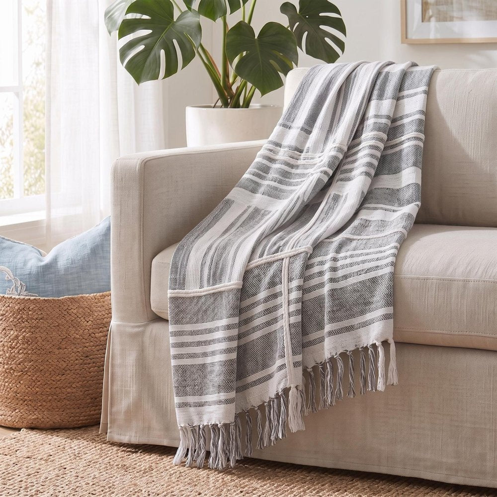 50" X 60" Gray and White Kantha Cotton Striped Throw Blanket with Embroidery — view 10