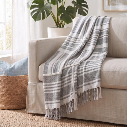 50" X 60" Gray and White Kantha Cotton Striped Throw Blanket with Embroidery HomeRoots