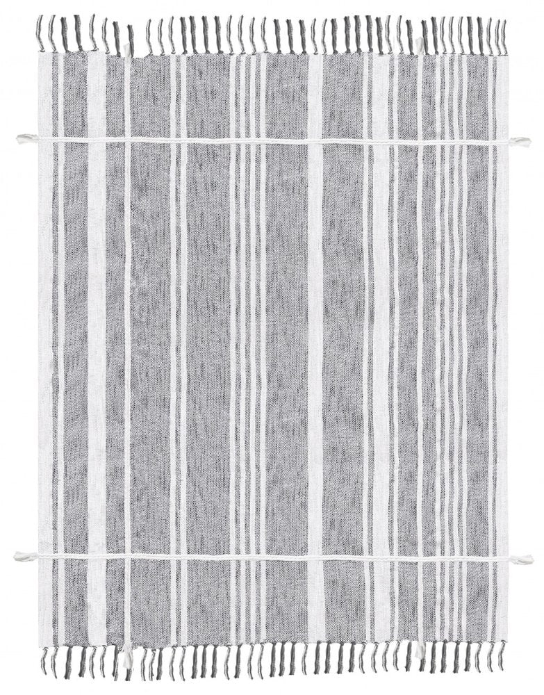 50" X 60" Gray and White Kantha Cotton Striped Throw Blanket with Embroidery HomeRoots