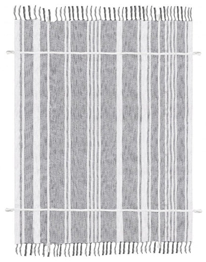 50" X 60" Gray and White Kantha Cotton Striped Throw Blanket with Embroidery HomeRoots