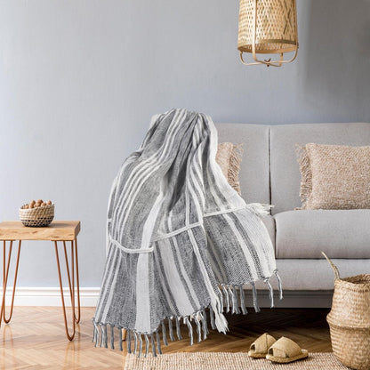 50" X 60" Gray and White Kantha Cotton Striped Throw Blanket with Embroidery HomeRoots