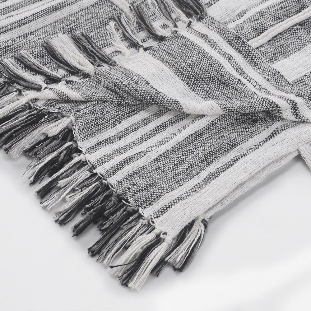 50" X 60" Gray and White Kantha Cotton Striped Throw Blanket with Embroidery HomeRoots