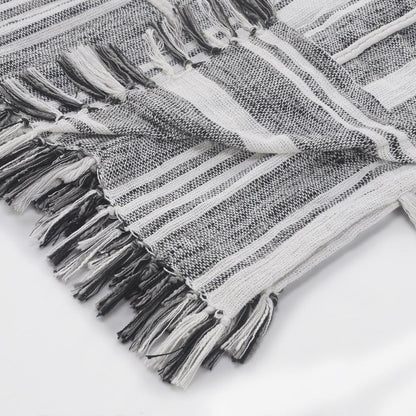 50" X 60" Gray and White Kantha Cotton Striped Throw Blanket with Embroidery HomeRoots