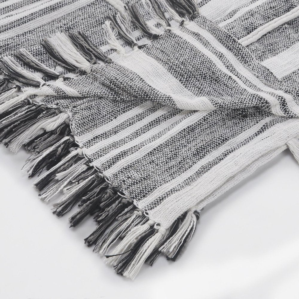 50" X 60" Gray and White Kantha Cotton Striped Throw Blanket with Embroidery HomeRoots