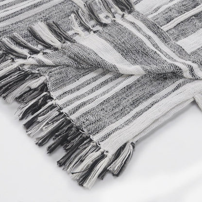50" X 60" Gray and White Kantha Cotton Striped Throw Blanket with Embroidery HomeRoots
