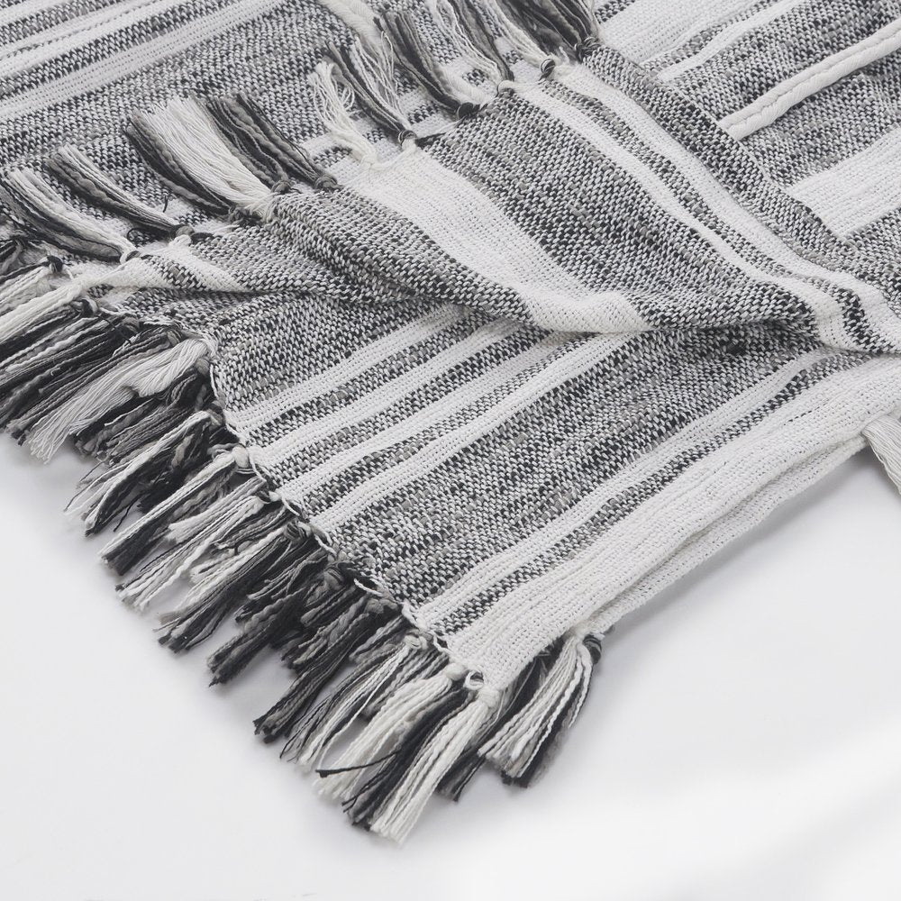 50" X 60" Gray and White Kantha Cotton Striped Throw Blanket with Embroidery HomeRoots