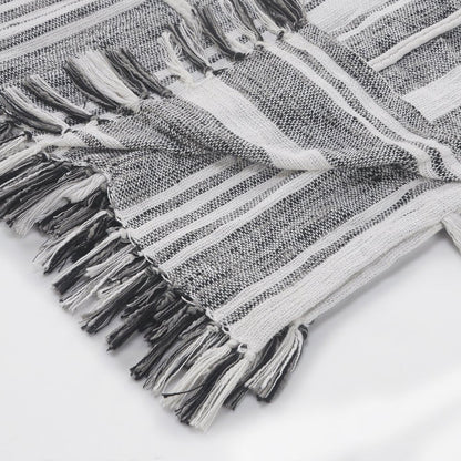 50" X 60" Gray and White Kantha Cotton Striped Throw Blanket with Embroidery HomeRoots