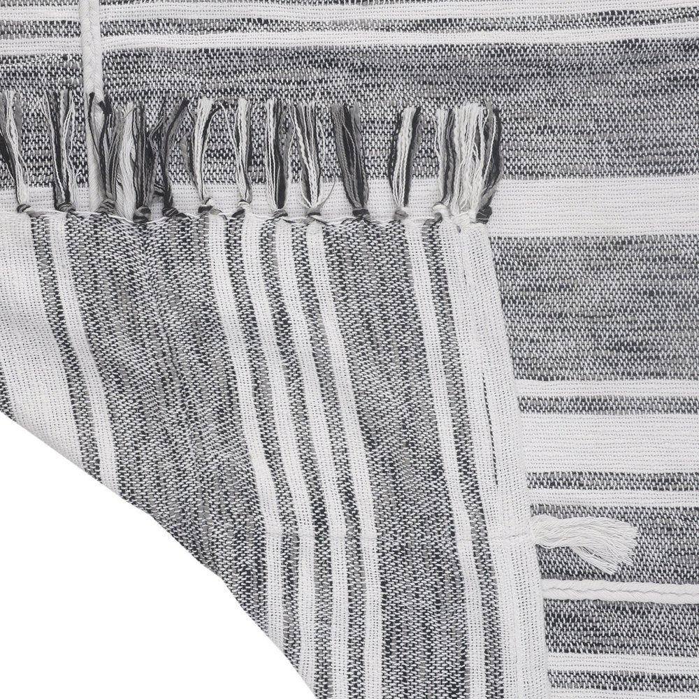 50" X 60" Gray and White Kantha Cotton Striped Throw Blanket with Embroidery — view 5