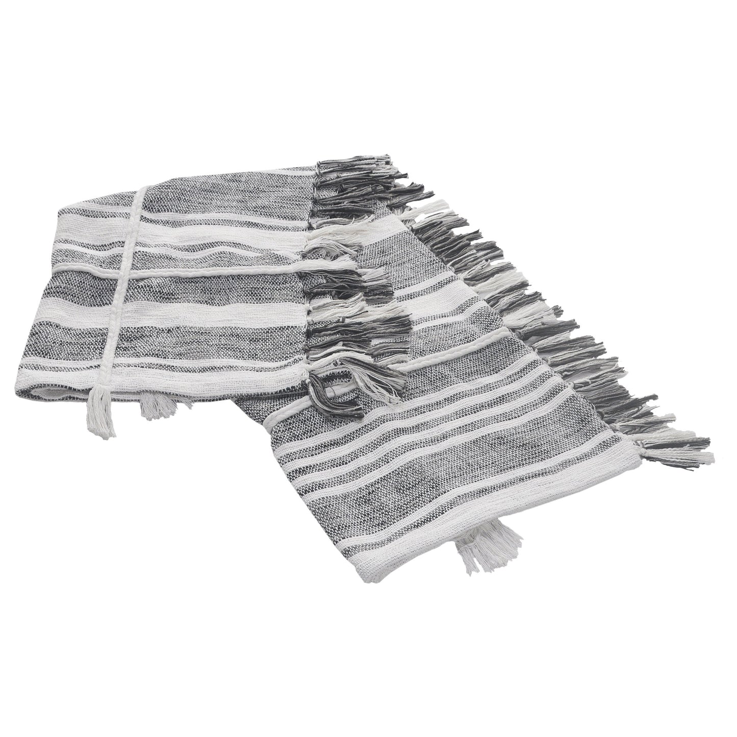 50" X 60" Gray and White Kantha Cotton Striped Throw Blanket with Embroidery