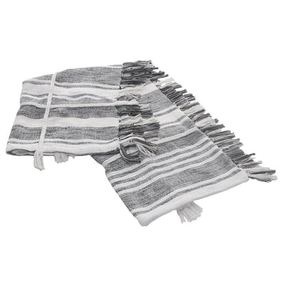 50" X 60" Gray and White Kantha Cotton Striped Throw Blanket with Embroidery HomeRoots