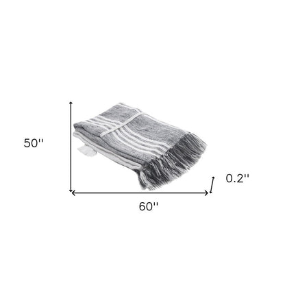 50" X 60" Gray and White Kantha Cotton Striped Throw Blanket with Embroidery HomeRoots
