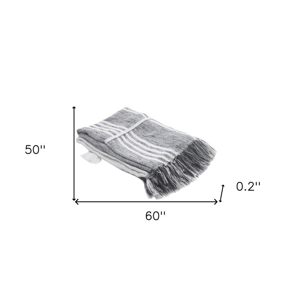 50" X 60" Gray and White Kantha Cotton Striped Throw Blanket with Embroidery HomeRoots