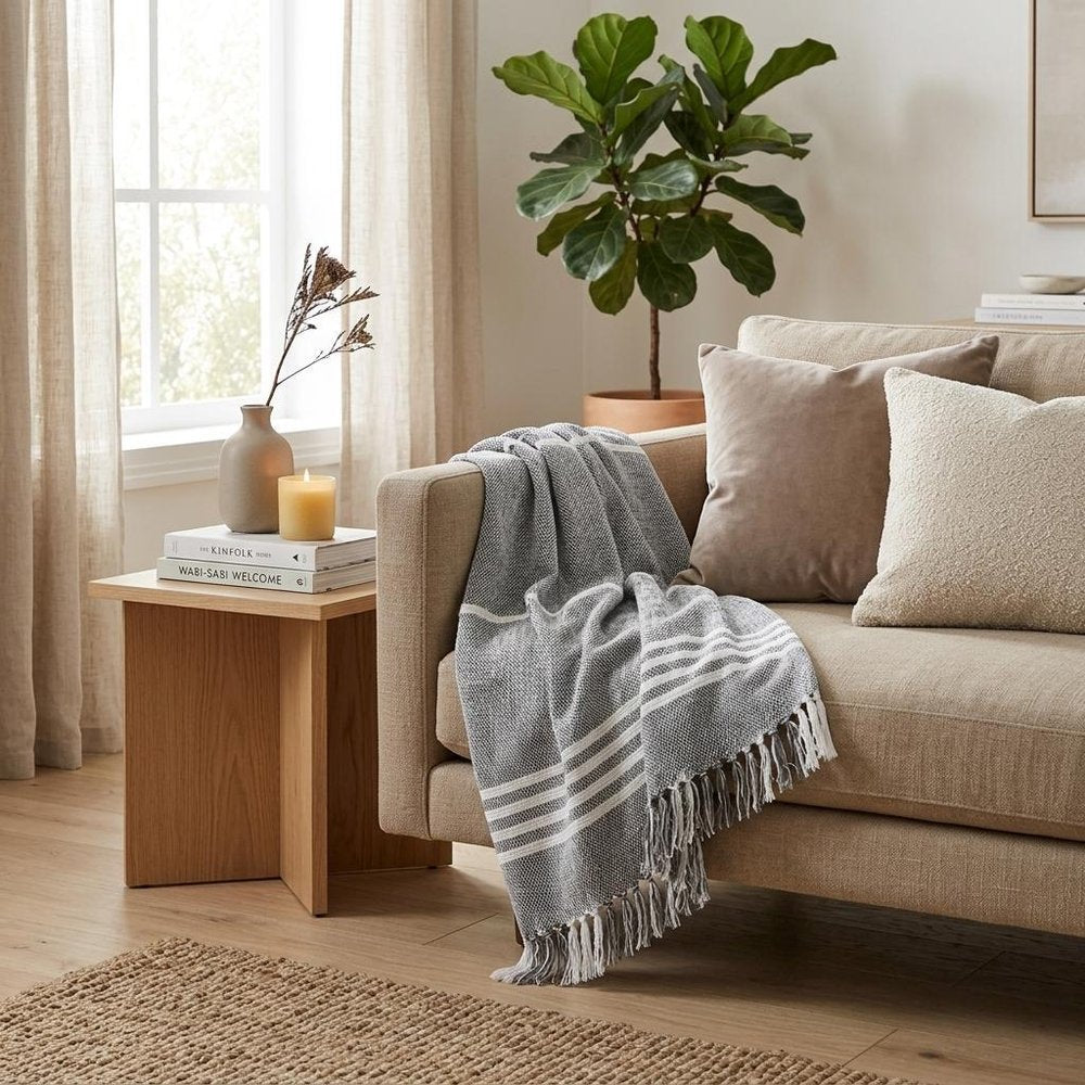 50" X 60" Gray and White Kantha Cotton Striped Throw Blanket with Embroidery — view 11