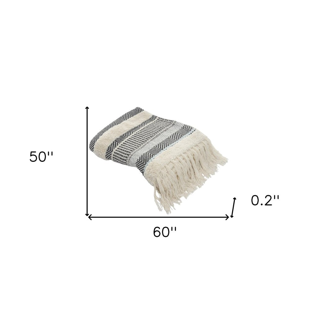 60" X 50" Cream Woven Cotton Herringbone Throw Blanket with Fringe HomeRoots