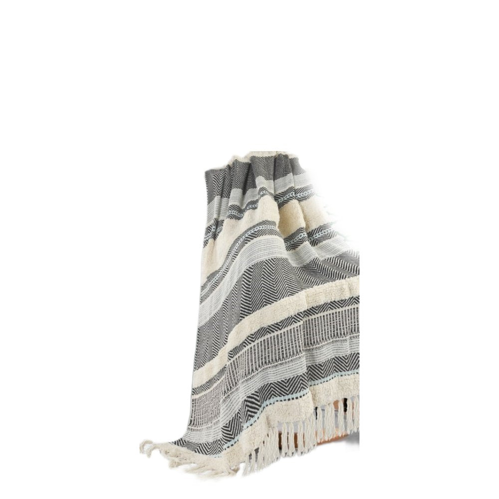 60" X 50" Cream Woven Cotton Herringbone Throw Blanket with Fringe HomeRoots