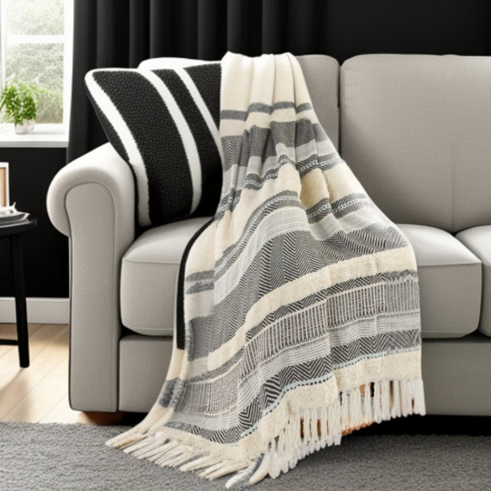 60" X 50" Cream Woven Cotton Herringbone Throw Blanket with Fringe HomeRoots