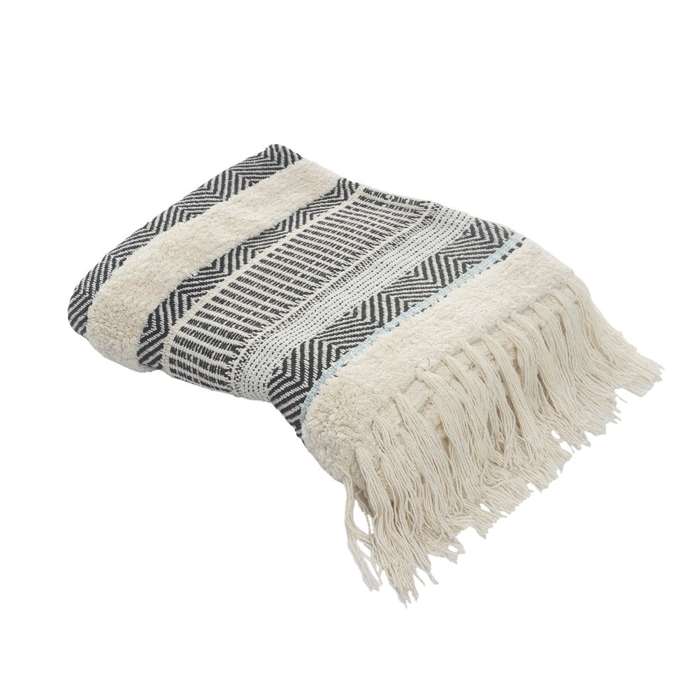 60" X 50" Cream Woven Cotton Herringbone Throw Blanket with Fringe HomeRoots