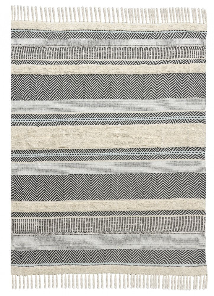 60" X 50" Cream Woven Cotton Herringbone Throw Blanket with Fringe HomeRoots