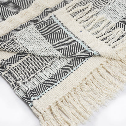 60" X 50" Cream Woven Cotton Herringbone Throw Blanket with Fringe