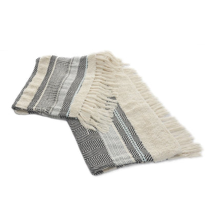 60" X 50" Cream Woven Cotton Herringbone Throw Blanket with Fringe HomeRoots