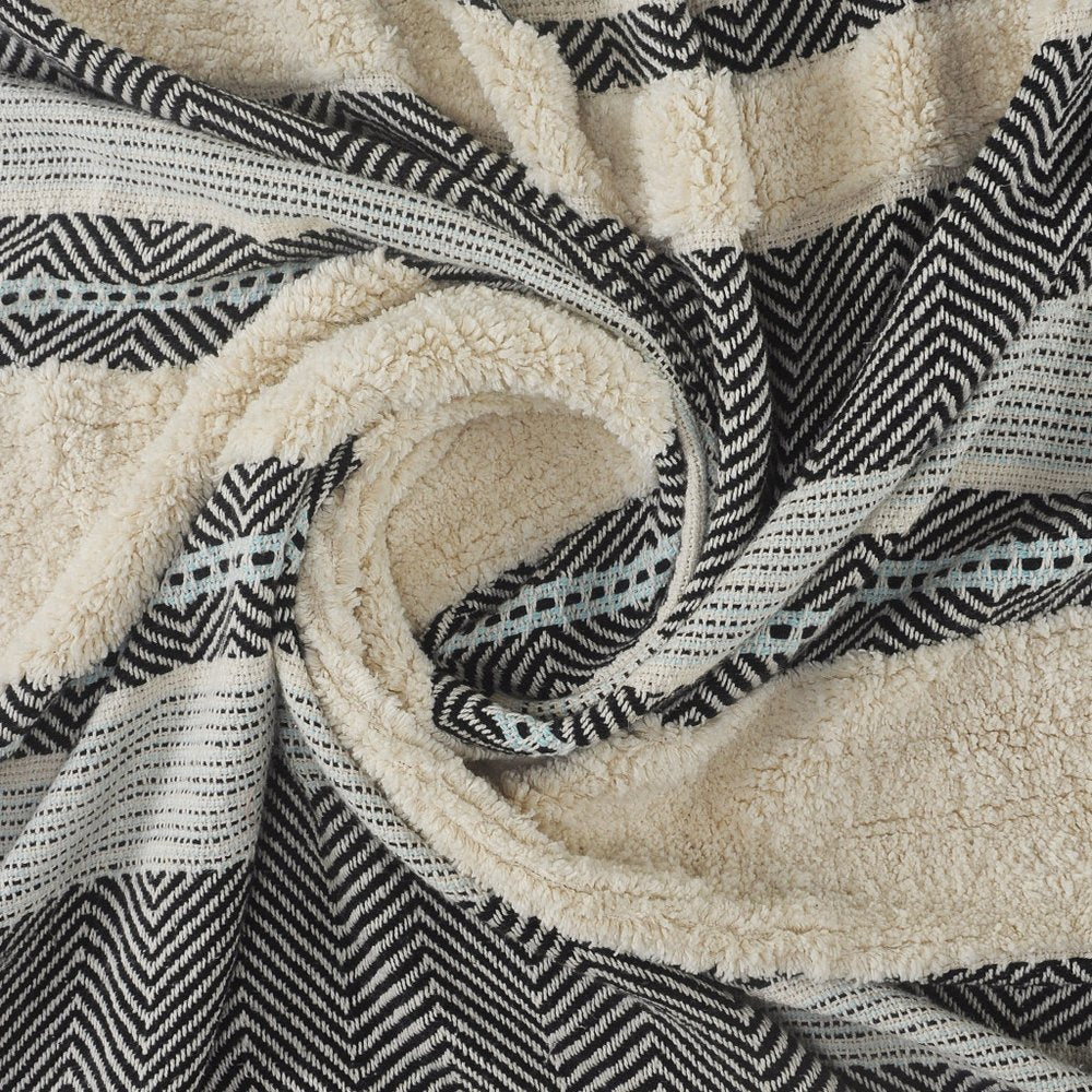 60" X 50" Cream Woven Cotton Herringbone Throw Blanket with Fringe HomeRoots