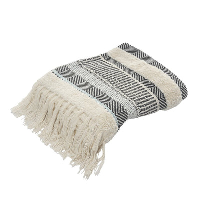 60" X 50" Cream Woven Cotton Herringbone Throw Blanket with Fringe HomeRoots