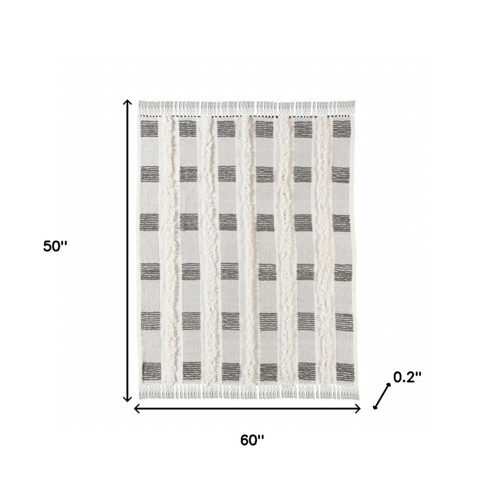 60" X 50" Gray and White Woven Cotton Checkered Throw Blanket with Fringe — view 11