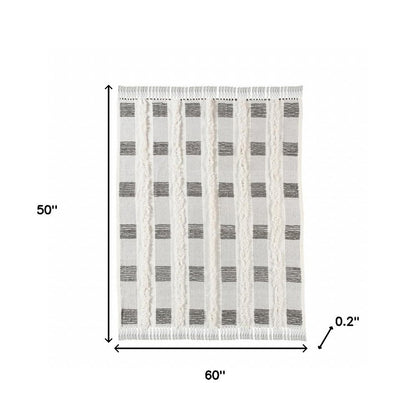 60" X 50" Gray and White Woven Cotton Checkered Throw Blanket with Fringe HomeRoots