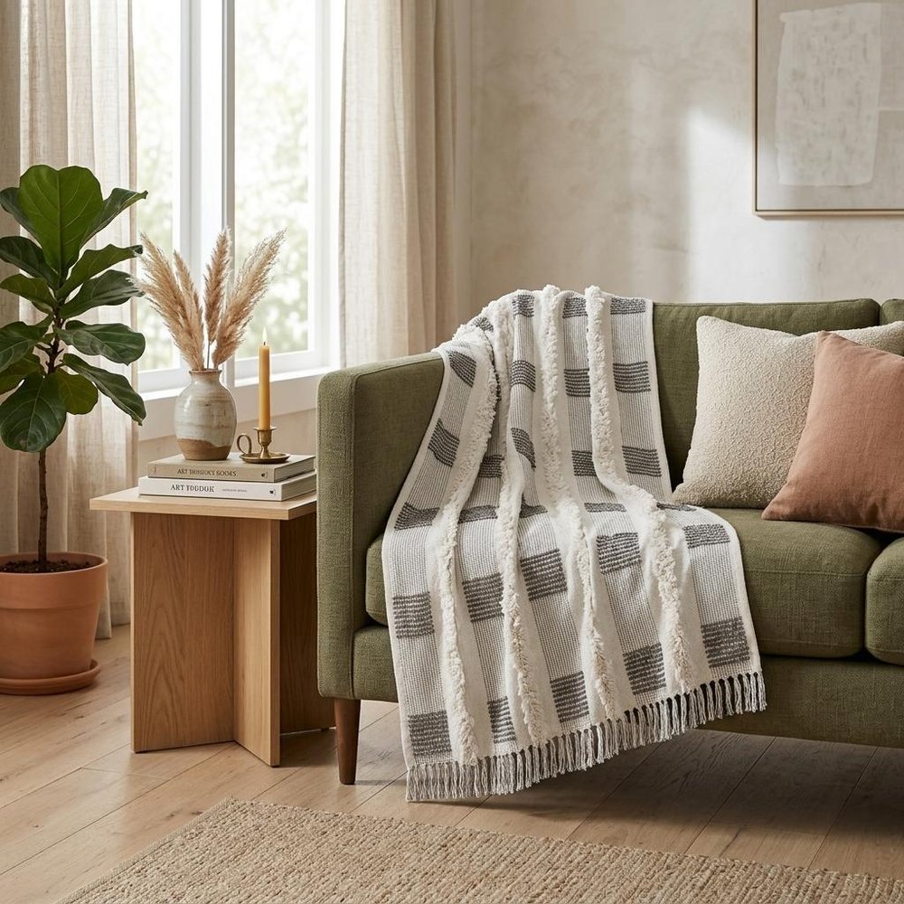 60" X 50" Gray and White Woven Cotton Checkered Throw Blanket with Fringe — view 12