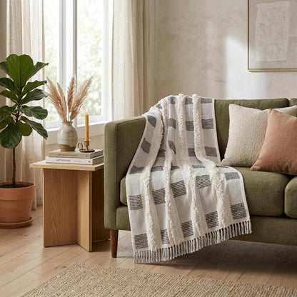 60" X 50" Gray and White Woven Cotton Checkered Throw Blanket with Fringe HomeRoots