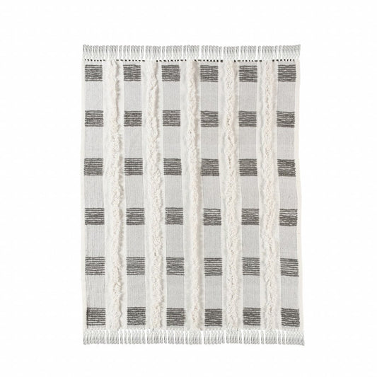 60" X 50" Gray and White Woven Cotton Checkered Throw Blanket with Fringe HomeRoots