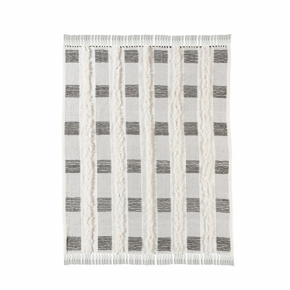 60" X 50" Gray and White Woven Cotton Checkered Throw Blanket with Fringe — view 1