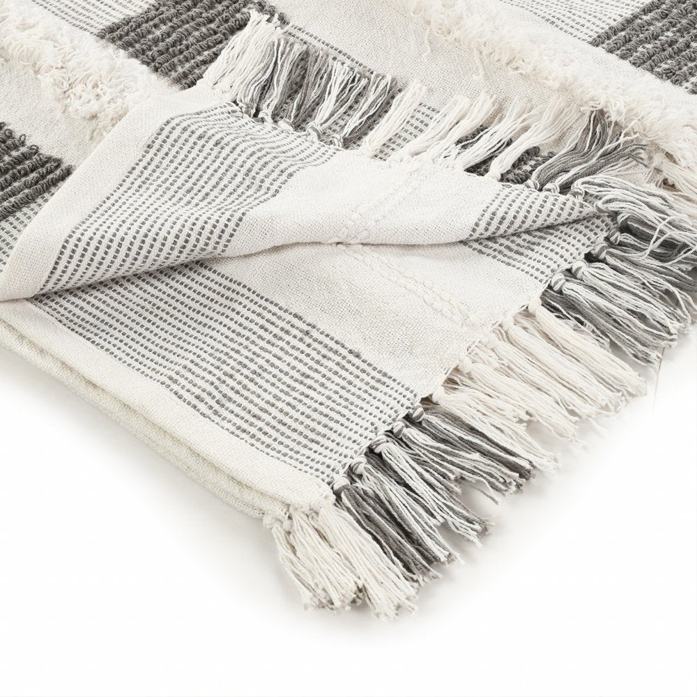 60" X 50" Gray and White Woven Cotton Checkered Throw Blanket with Fringe HomeRoots