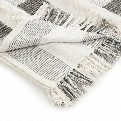60" X 50" Gray and White Woven Cotton Checkered Throw Blanket with Fringe HomeRoots