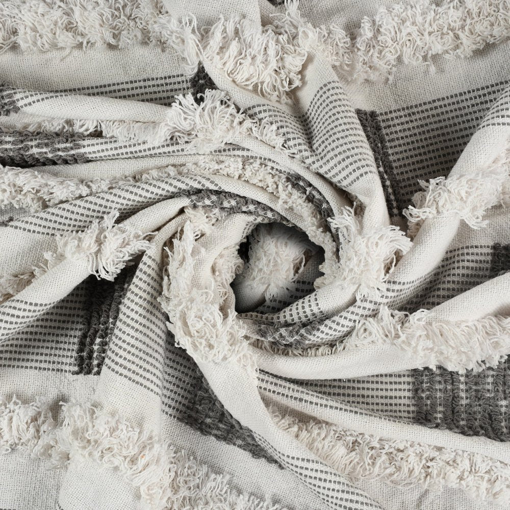 60" X 50" Gray and White Woven Cotton Checkered Throw Blanket with Fringe — view 4
