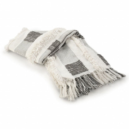60" X 50" Gray and White Woven Cotton Checkered Throw Blanket with Fringe HomeRoots