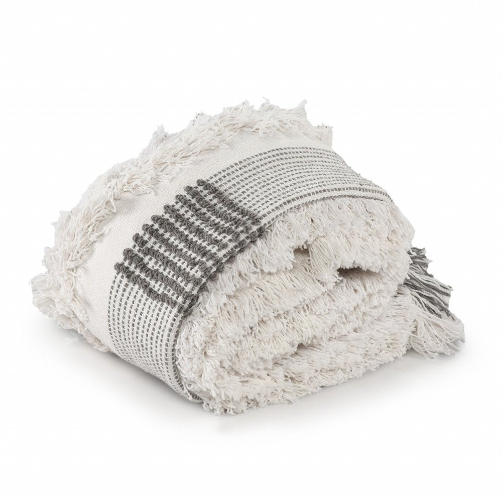 60" X 50" Gray and White Woven Cotton Checkered Throw Blanket with Fringe HomeRoots