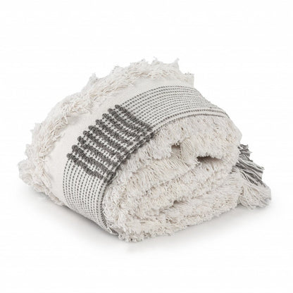 60" X 50" Gray and White Woven Cotton Checkered Throw Blanket with Fringe HomeRoots
