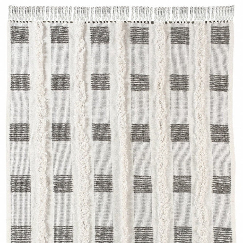 60" X 50" Gray and White Woven Cotton Checkered Throw Blanket with Fringe HomeRoots