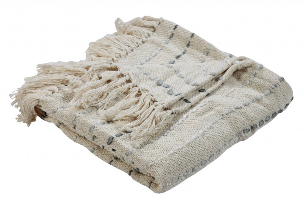 50" X 60" Cream Kantha Cotton Striped Throw Blanket with Embroidery — view 1