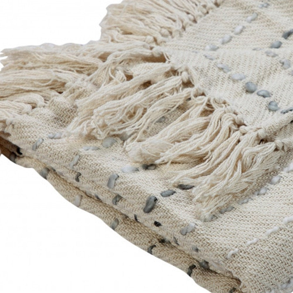 50" X 60" Cream Kantha Cotton Striped Throw Blanket with Embroidery — view 4