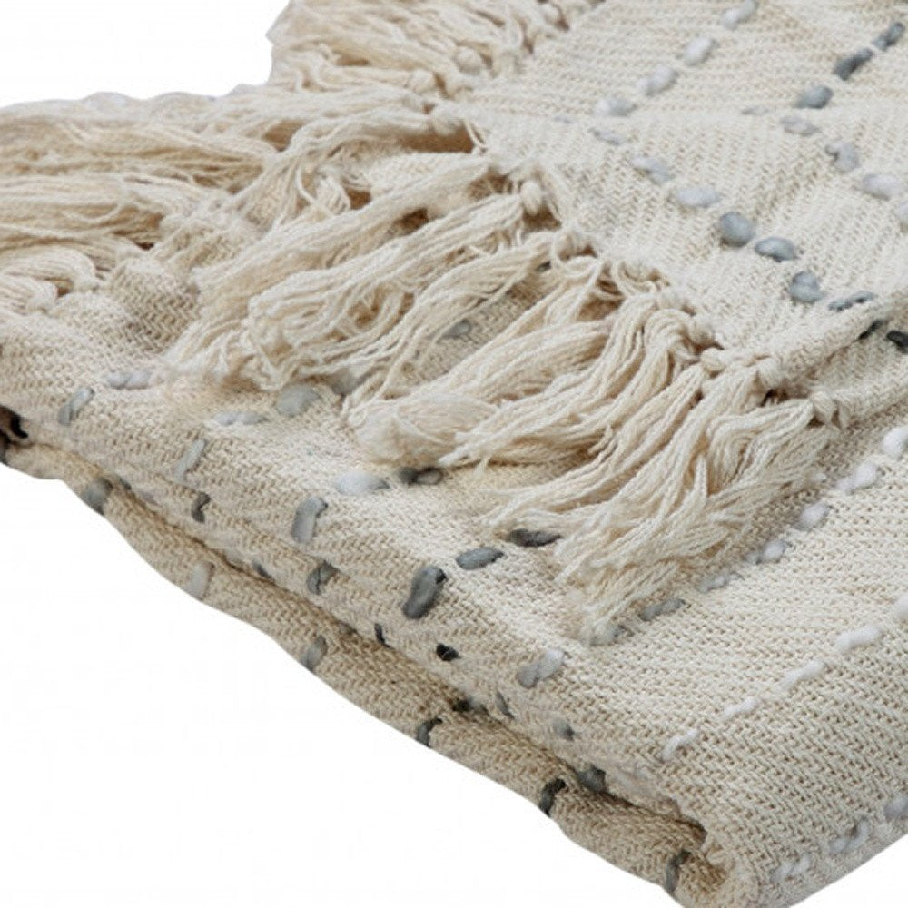 50" X 60" Cream Kantha Cotton Striped Throw Blanket with Embroidery — view 2