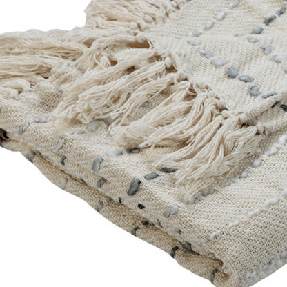 50" X 60" Cream Kantha Cotton Striped Throw Blanket with Embroidery HomeRoots